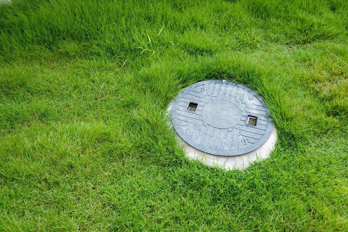 Hydrocycle - Regard d'égout noir bien entretenu entouré de pelouse verte, illustrant l'engagement pour l'assainissement et l'entretien des réseaux souterrains.