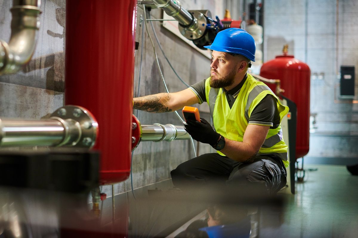 Hydrocycle - Professionnel en casque bleu et gilet de sécurité, travaillant sur des conduites rouges et métalliques pour des services de débouchage.