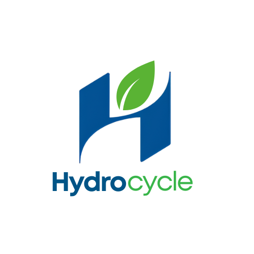 Logo de Hydrocycle, une entreprise spécialisée dans l’assainissement et le nettoyage, avec la lettre H en bleu et une feuille verte, accompagné du nom Hydrocycle.